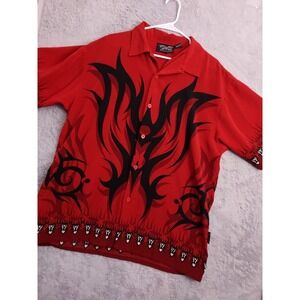 Vintage Dragonfly Shirt Men Extra Large Devil Hell Fire Loop Collar Camp Graphic